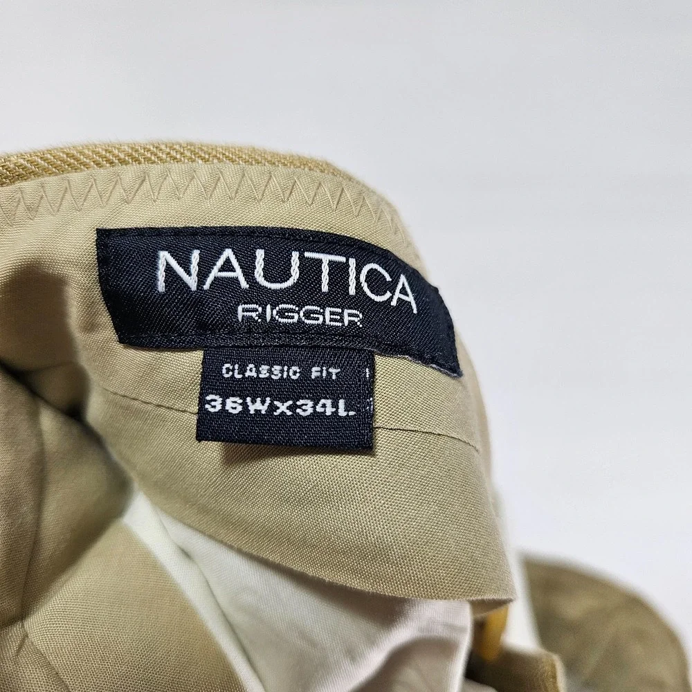 Nautica Rigger Pants Trousers Pleated Cuffed Beige 100% Linen Size 36x34 Classic